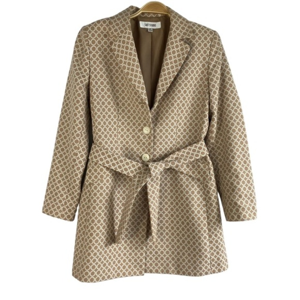 Suit Studio Retro Belted Trench Coat Blazer Women 8 Tan Geometric Old Money NWOT